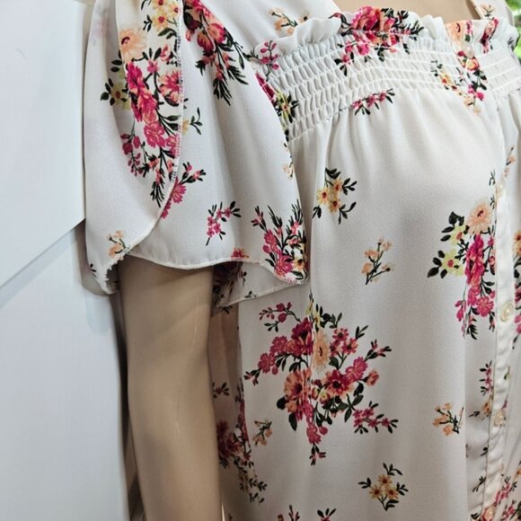 No Boundaries Floral Blouse XL Button Front Criss-Cross Back Recycled Poly - Picture 6 of 15